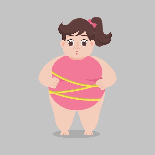 Vector mujer gorda con bikini rosa, cinta métrica