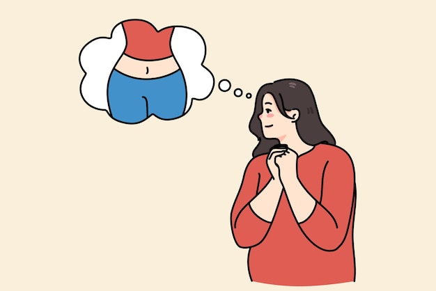 Mujer gorda con burbuja de habla con imagen de cuerpo delgado en sueño de figura delgada tonificada. Las mujeres obesas con sobrepeso imaginan una buena forma. Dieta y nutrición, problema de obesidad. Perder peso. ilustración vectorial