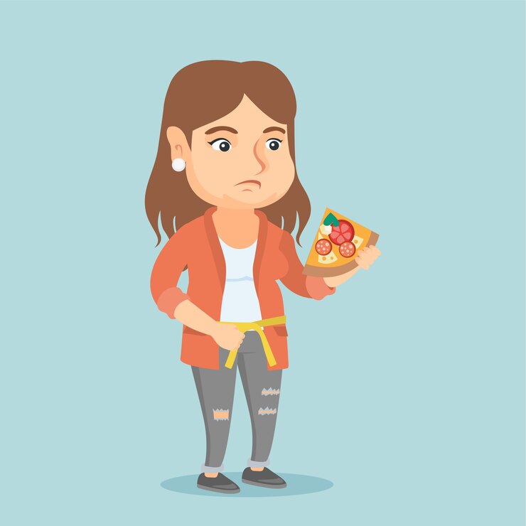 Vector mujer gorda caucásica con pizza midiendo la cintura
