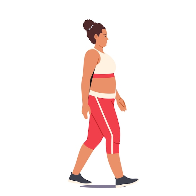 Mujer gorda corpulenta Usar traje deportivo Caminar aislado sobre fondo blanco Chica con sobrepeso gordo Pérdida de peso Dieta Transformación Personaje femenino Vida sana Dibujos animados Gente Vector Ilustración