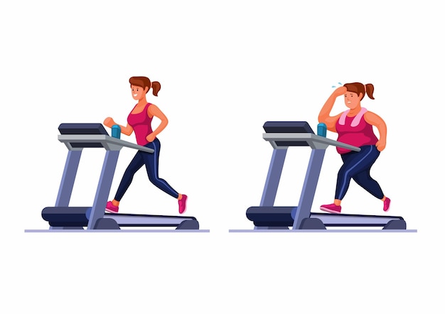 Vector mujer gorda y delgada corriendo en ejercicio de cinta en casa o gimnasio ilustración vectorial