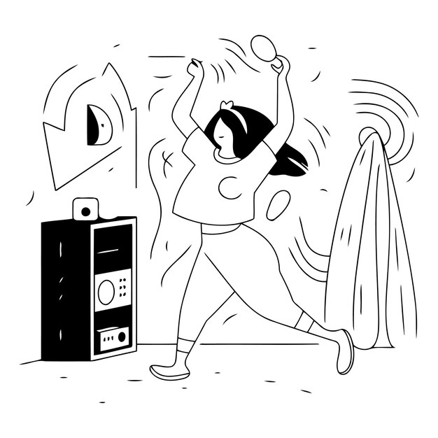 Vector mujer gorda en pijama bailando por la mañana