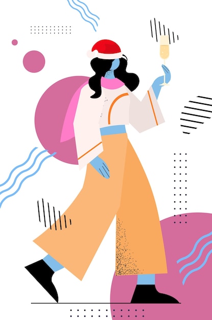 Mujer con gorro de Papá Noel bebiendo champán 2022 año nuevo y vacaciones de Navidad concepto de celebración vertical ilustración vectorial de longitud completa