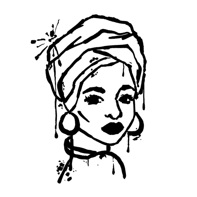 Mujer de graffiti con fugas y salpicaduras Chica afro con estilo de aretes grunge Ilustración vectorial aislada sobre fondo blanco