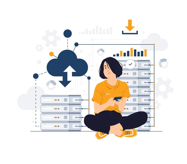 Vector mujer en gran fuente de datos, centro, computación en la nube y almacenamiento, alojamiento, sala de servidores, sistema de red e ilustración del concepto de tecnología