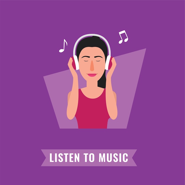 Vector mujer en grandes auriculares escuchando música.