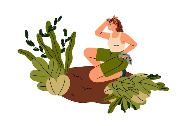 Mujer granjera cansada del trabajo agrícola Agotada sudando persona infeliz trabajadora agrícola durante el cultivo de cultivos cuidadosos desherbaciones Ilustración vectorial plana aislada sobre fondo blanco