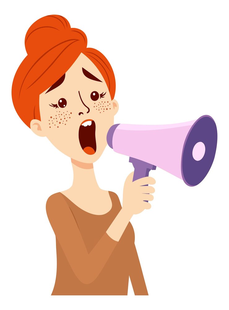 Vector mujer gritando en el megáfono ilustración aislada vectorial