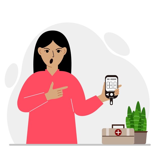 Mujer gritando sostiene un glucómetro en su mano El concepto de control de azúcar en sangre diabético Vector ilustración plana