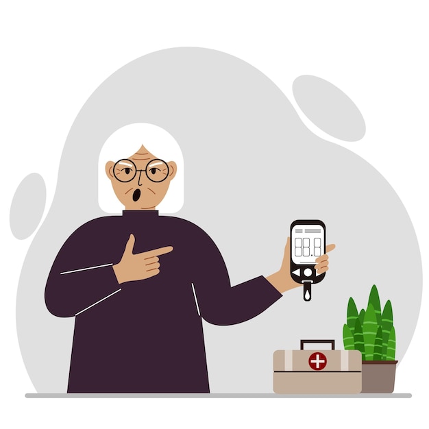 Mujer gritando sostiene un glucómetro en su mano El concepto de control de azúcar en sangre diabético Vector ilustración plana
