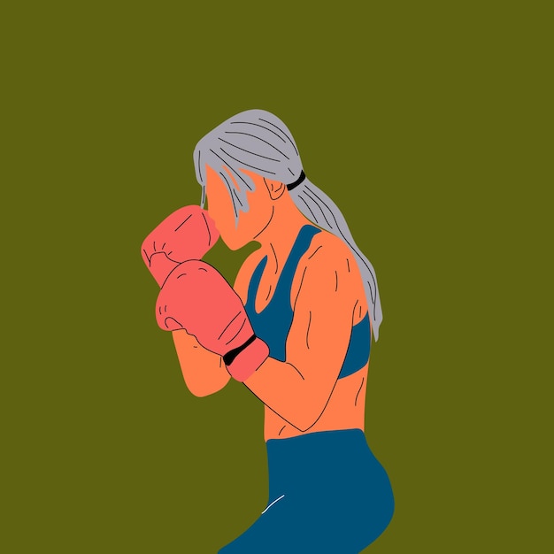 Mujer con guantes de boxeo posando en un saco de boxeo con ropa deportiva. Concepto de poder femenino. vector de dibujos animados