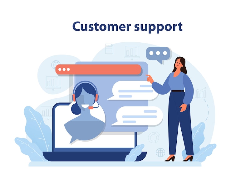 Vector mujer guiando hacia el soporte al cliente en línea mostrando asistente virtual en la pantalla del portátil asegurando