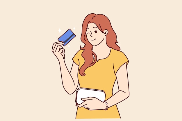 Mujer con guiño de tarjeta bancaria recomienda usar productos bancarios o crediticios confiables con un gran reembolso