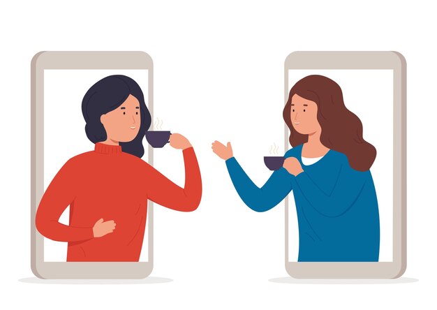 Mujer hablando con amigos por teléfono bebiendo té Las mujeres felices pasan tiempo en línea para una charla amistosa
