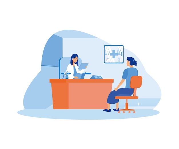 Mujer hablando con mujer médico en la oficina paciente teniendo consulta sobre síntomas de la enfermedad con médico terapeuta en el hospital ilustración moderna de vector plano