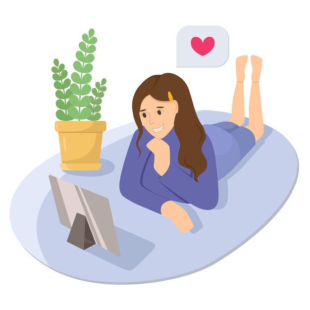 Mujer hablando por tableta. Ilustración vectorial plana. niña, acostado, en, piso, utilizar, computador portatil