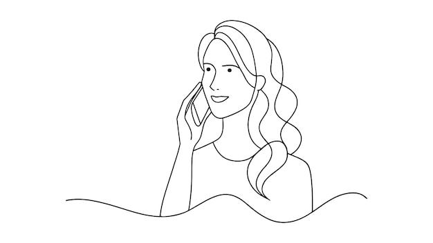 Mujer hablando en teléfono móvil arte de línea continua aislado en fondo blanco