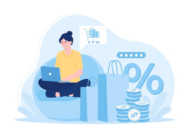 Una mujer hace una compra en línea concepto ilustración plana
