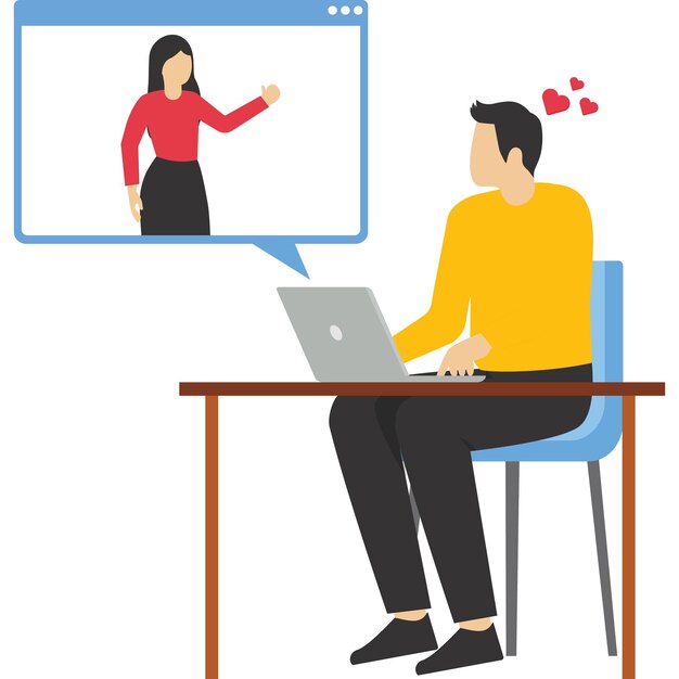 La mujer hace una conversación en línea a través de una computadora portátil Ilustración vectorial en estilo plano