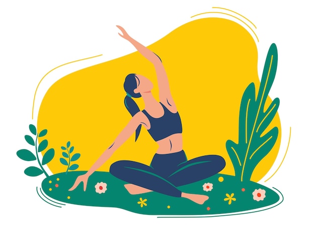 La mujer hace ejercicio de yoga, pose de yoga. El concepto de yoga al aire libre. Clases de yoga en la naturaleza. Concepto de estilo de vida saludable. Plantilla de página web de Yoga School, Studio. Ilustración vectorial