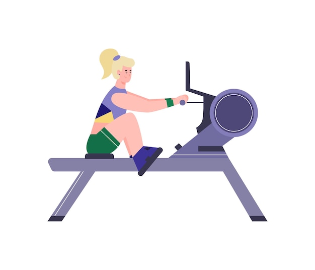 La mujer hace ejercicios deportivos con la ilustración de vector plano de entrenador de gimnasio aislado