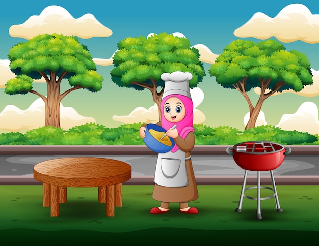Mujer hace masa y cocina al aire libre.