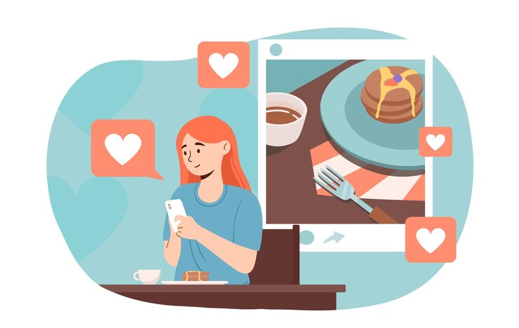 Vector mujer hace post con comida blogger e influencer comparte con sus seguidores su desayuno personalidad popular y celebridad creadora de contenido en redes sociales ilustración vectorial plana de dibujos animados
