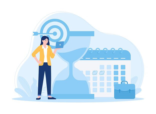La mujer hace la programación del tiempo, el concepto de tendencia es una ilustración plana