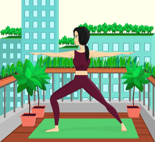 mujer, hacer, deportivo, exercices, en, el, balcón, delgado, deportivo, mujer joven, hacer, yoga, vector