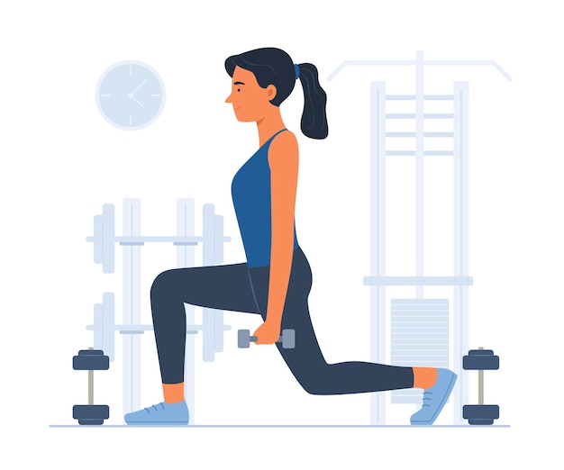 Vector mujer, hacer, estocadas, ejercicio, con, dumbbell, en, gimnasio