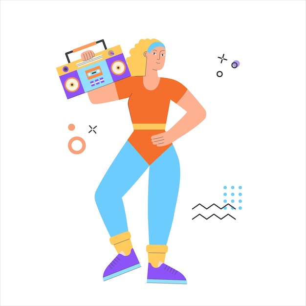 Mujer haciendo boombox aeróbico Ilustración de concepto de moda de los años 70 y 80 Traje deportivo retro Fiesta disco Entrenamiento fitness Ilustración vectorial aislada