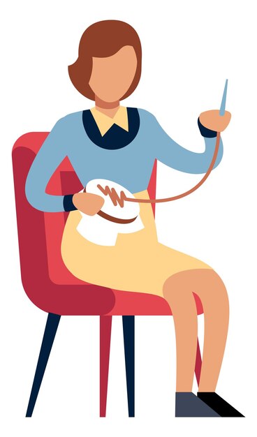 Mujer haciendo bordados. chica sentada cosiendo con aguja y aro. ilustración vectorial