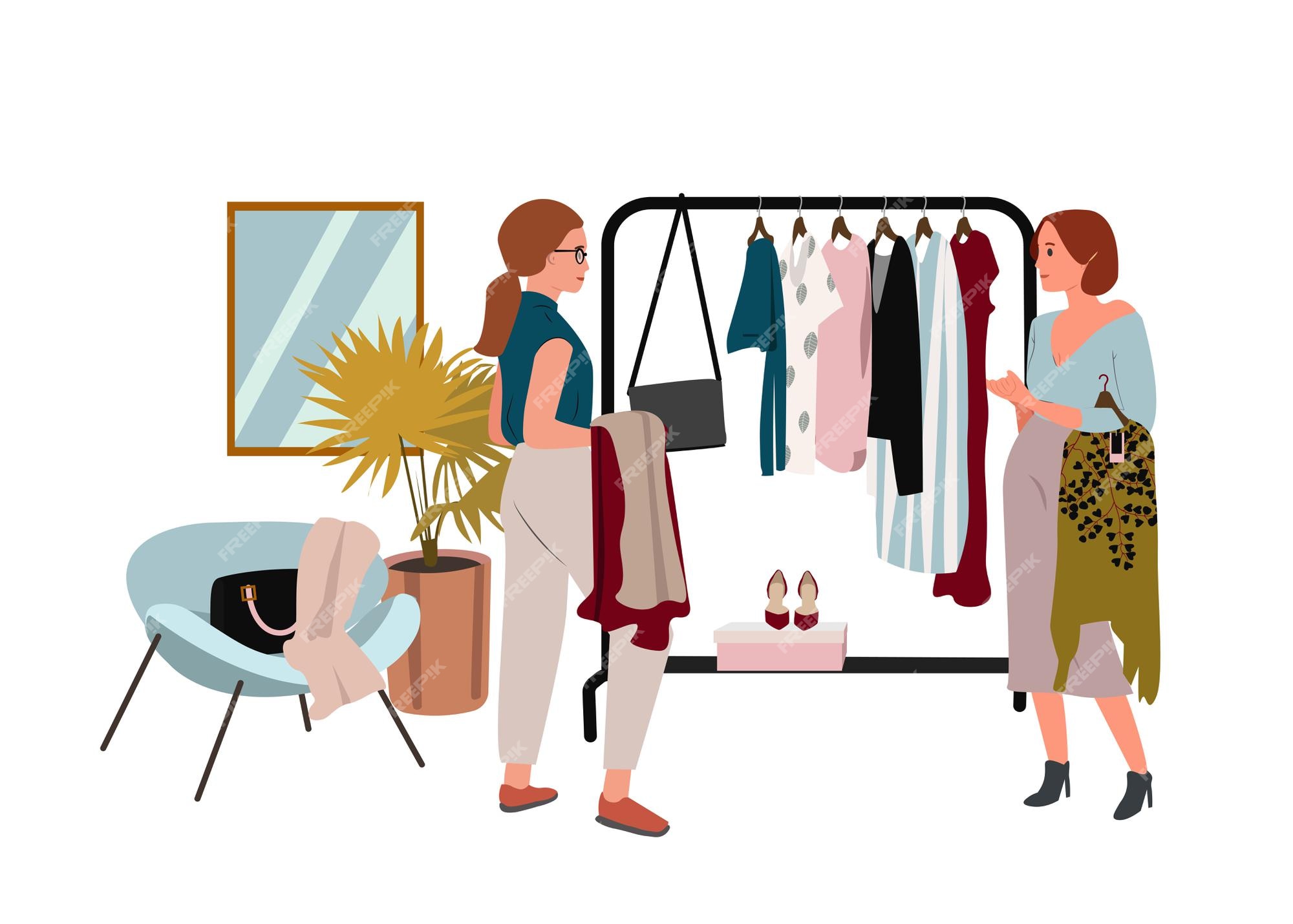 Mujer haciendo compras ilustración vectorial plana cliente de boutique feliz y vendedor personajes de dibujos animados concepto de consumismo de venta de ropa comercio minorista de ropa de tienda de ropa