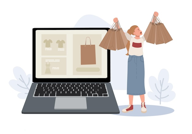 Mujer haciendo compras en línea a través de una computadora portátil Concepto de compras en línea mujer feliz porque recibió la entrega muy rápido Ilustración vectorial