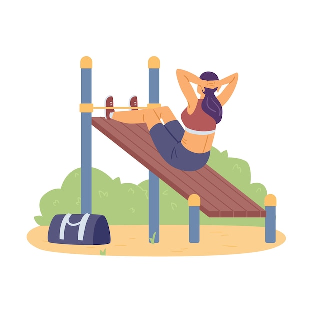 Vector mujer haciendo deportes en el equipo al aire libre ilustración vectorial plana aislada