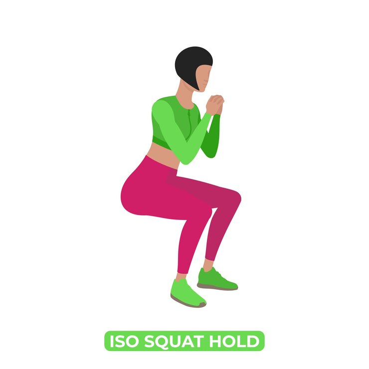 Mujer haciendo ejercicio estático Iso Squat Hold Bodyweight Fitness para piernas