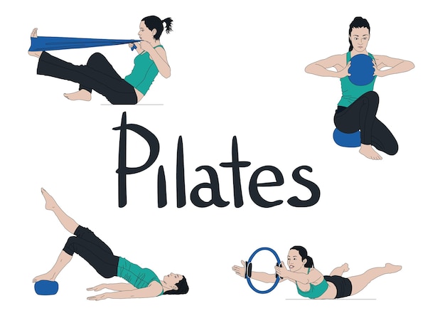 Mujer haciendo ejercicio y estiramiento haciendo pilates aislado en blanco equipos y poses de pilates