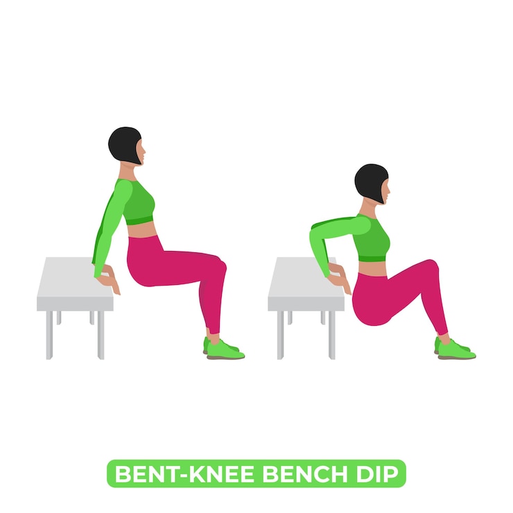 Vector mujer haciendo ejercicio de fitness con peso corporal de inmersión en banco de rodilla doblada para brazos tríceps