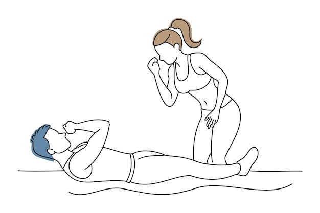 mujer haciendo ejercicios abdominales bajo la guía de un entrenador personal garabatear línea continua