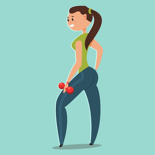 Mujer haciendo ejercicios de fitness con pesas. personaje de vector de dibujos animados lindo chica aislada. ilustración de estilo de vida saludable y deporte.