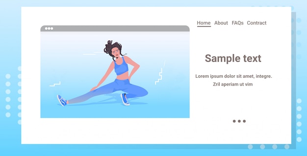 Mujer haciendo ejercicios de fitness yoga entrenamiento en línea concepto de estilo de vida saludable ventana del navegador web copia horizontal ilustración del espacio