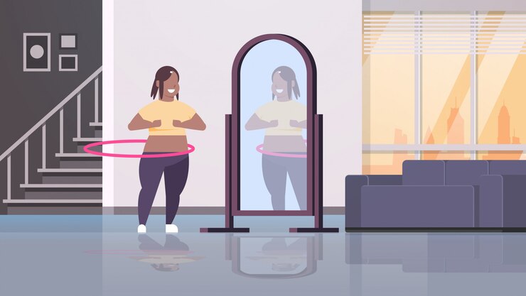 Vector mujer haciendo ejercicios de gimnasia giratoria con hula-hoop mirando reflejo en el concepto de chica espejo