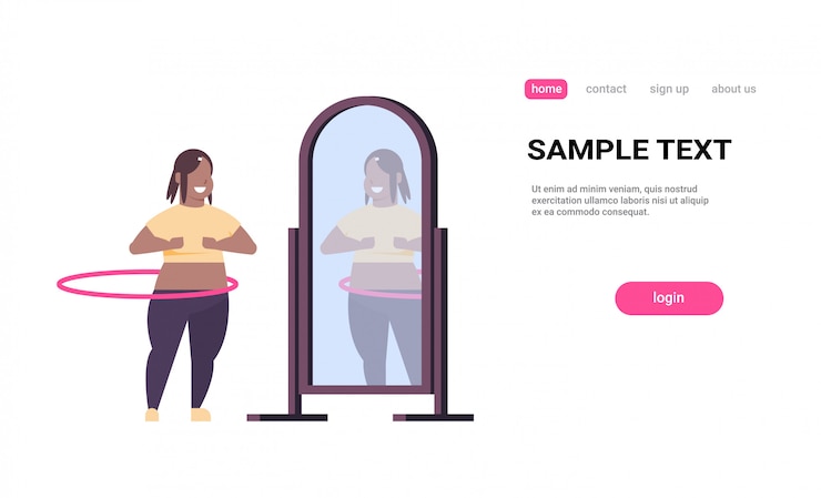 Vector mujer haciendo ejercicios de gimnasia giratoria con hula hoop mirando reflejo en el espejo