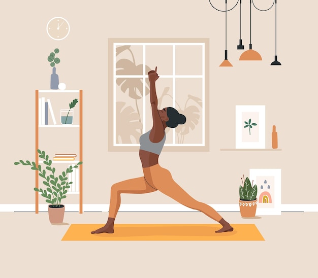 Mujer haciendo ejercicios de yoga y estiramiento en estudio de yoga o en casa. Vector premium