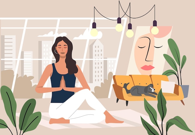 Mujer haciendo ejercicios de yoga y practicando meditación vector. Personaje femenino en el interior de la casa