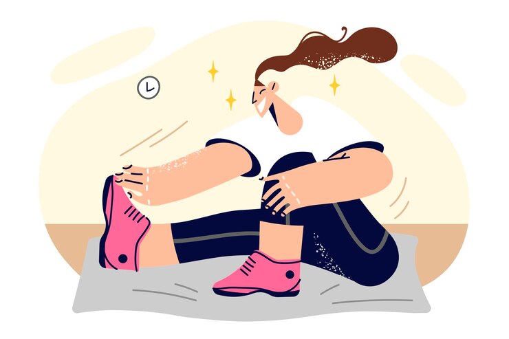 Vector mujer haciendo estiramientos sentada en una colchoneta de fitness y preparándose para hacer ejercicio deportivo o practicar yoga. una chica feliz disfruta de ejercicios físicos o matutinos para mejorar la figura y perder peso.