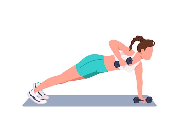 Mujer haciendo flexiones con mancuernas color plano personaje sin rostro