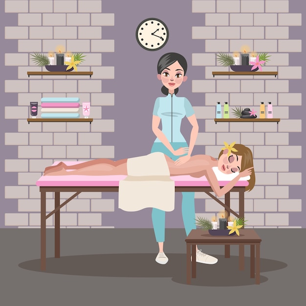 Vector mujer haciendo masaje para una señorita. procedimiento de spa en el interior del salón de belleza. tratamiento y relajación de espalda. ilustración