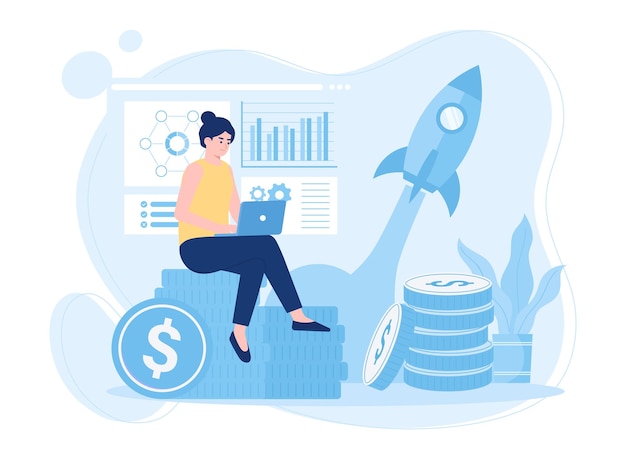 una mujer haciendo negocios en línea concepto ilustración plana