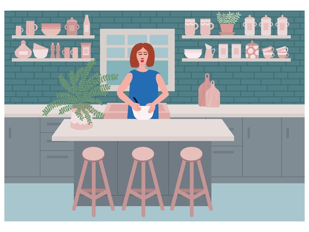 Mujer haciendo panqueques en la cocina ilustración de estilo plano vectorial diseño interior del hogar cocina acogedora